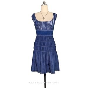 Y2K Dress Babydoll Boho Smocked Sleveless Fairy Grunge Hippie Blue White Navy L